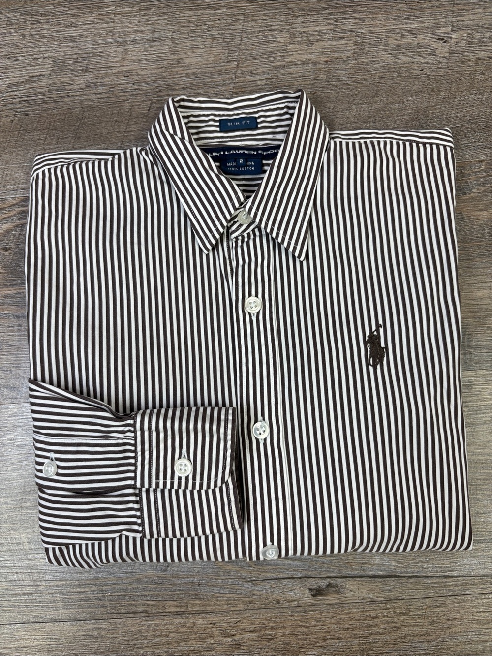Ralph Lauren Sport Slim Fit Brown & White Striped Button Down Shirt Size 2
